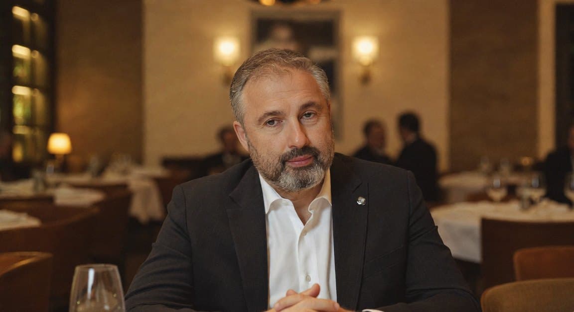 Alex Yanovsky seated in a restaurant dining room